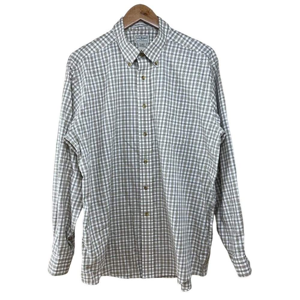 L.L. Bean Green Plaid Button Front Shirt Mens Size L LARGE 187974